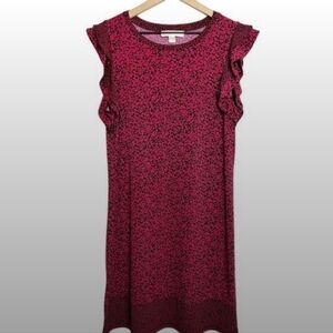 Floral Ruffle Sleeve Dress - Red Pink/Black